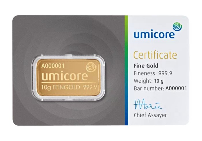 10 gram - Guld 999 - Umicore, Belgium - Forseglet