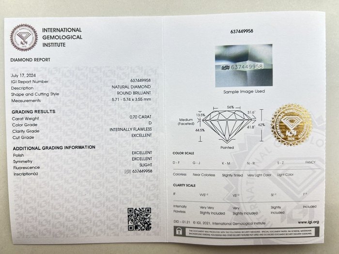 1 pcs Diamant  (Natur)  - 0.70 ct - Rund - D (farveløs) - IF - International Gemological Institute (IGI)