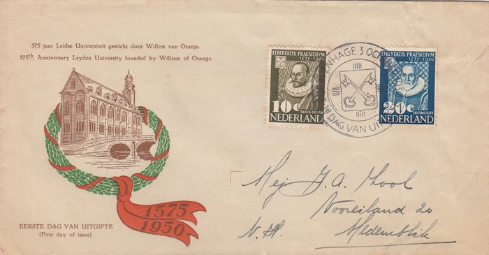 Holland 1950/1950 - Holland NVPH E3 University of Leiden på Illustreret FDC med Vleeming-certifikat