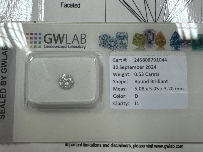 Ingen mindstepris - 1 pcs Diamant  (Natur)  - 0.53 ct - Rund - D (farveløs) - I1 - Gemewizard Gemological Laboratory (GWLab)