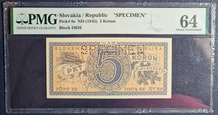 Slovakiet. - 5 Korun - ND (1945) - Specimen - Pick 8s