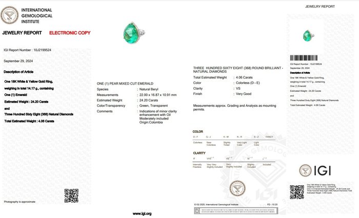 Ring - 18 kraat Hvidguld -  28.26ct. tw. Smaragd - Diamant - L: 24,35 mm B: 20,11 mm