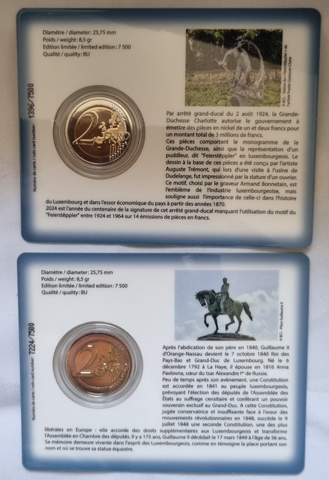 Luxembourg. 2 Euro 2024 "100 jaar 1 Frank Gieterij Arbeider" + "Groothertog Willem II" (2 coincards)  (Ingen mindstepris)