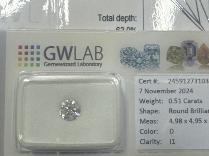 Ingen mindstepris - 1 pcs Diamant  (Natur)  - 0.51 ct - Rund - D (farveløs) - I1 - Gemewizard Gemological Laboratory (GWLab)