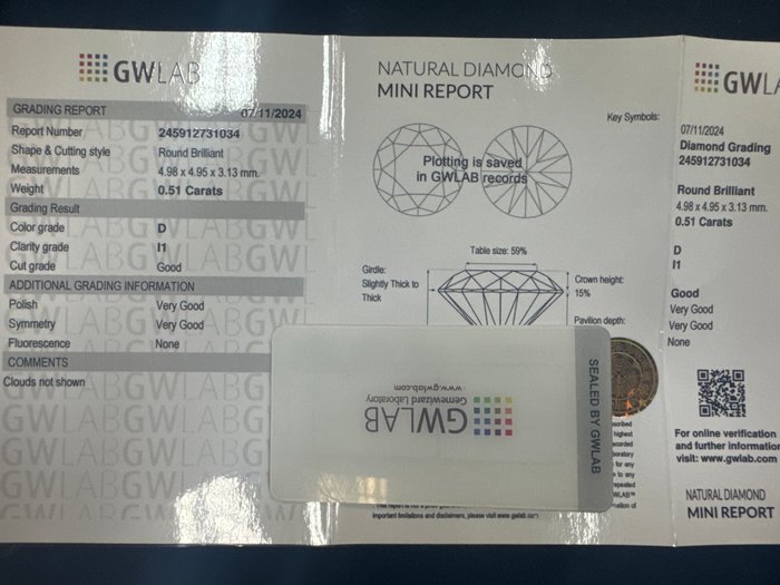 Ingen mindstepris - 1 pcs Diamant  (Natur)  - 0.51 ct - Rund - D (farveløs) - I1 - Gemewizard Gemological Laboratory (GWLab)