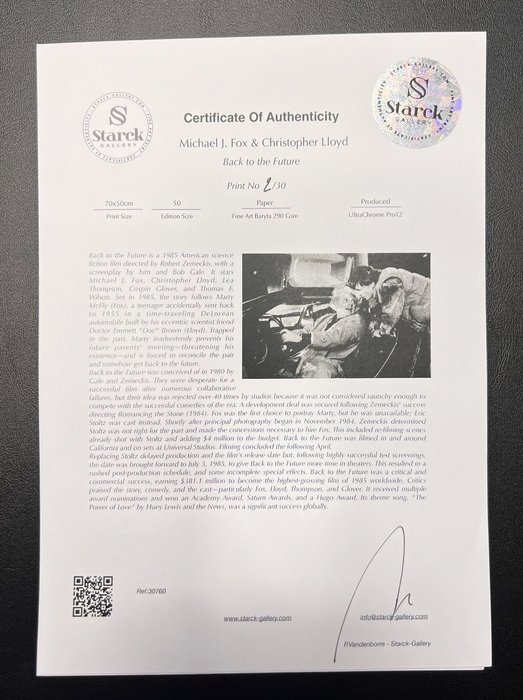 Back to the Future - Michael J. Fox  Christopher Lloyd - Fine Art Photography - Luxury Wooden Framed 70X50 cm - Limited Edition Nr 01 of 30 - Serial ID 30760 - Original Certificate (COA), Hologram Logo Editor and QR Code - 100% New items.