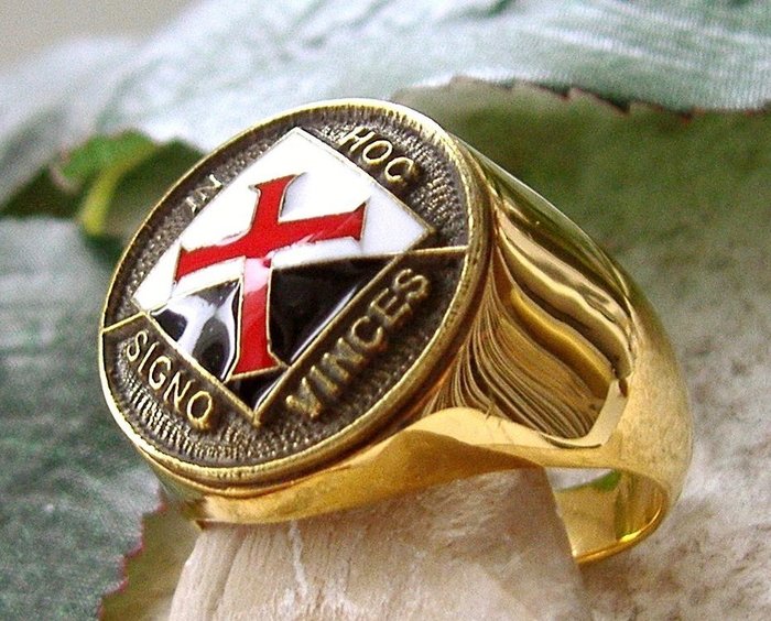 Sjælden Knights Templar Seal Crest Keramisk Emalje Latinske ord Bronze  24kt forgyldt - Ring