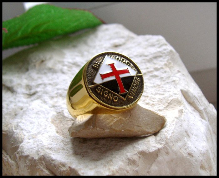 Sjælden Knights Templar Seal Crest Keramisk Emalje Latinske ord Bronze  24kt forgyldt - Ring