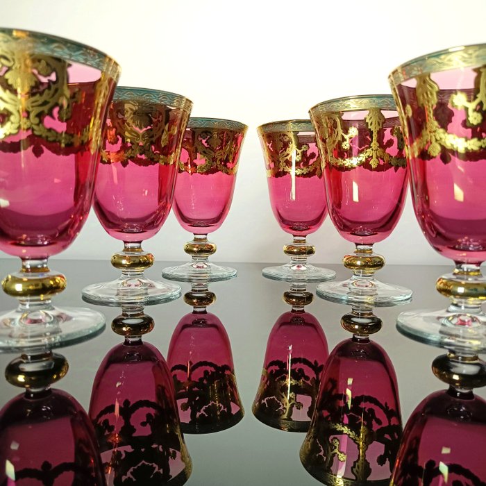 SECOLOVENTESIMO - Alterkalk (6) - Tulip Barocco Wine Glass - 24 kt guld - Håndmalet guldglas