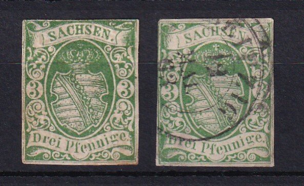 Sachsen 1851 - kyst 300€, 3p grøn - Yvert n°6