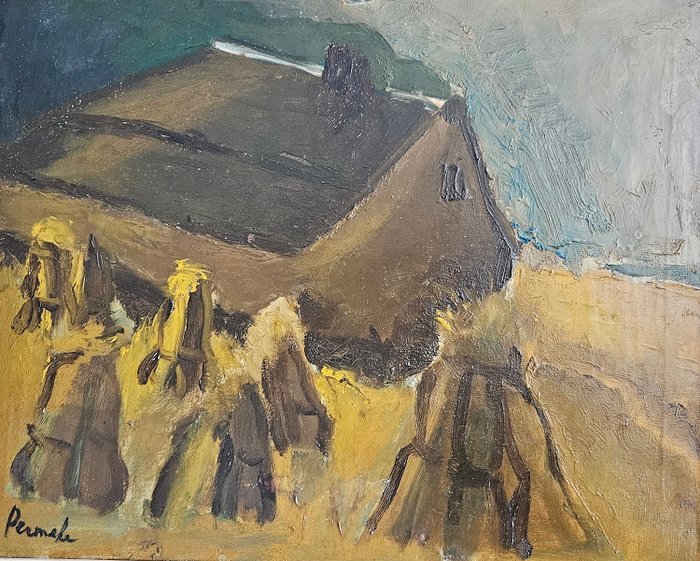 (Belgische School XX) Gesigneerd Permeke, Attributed to - Schitterend impressionistisch luministisch landschap met boerderij en korenschoven