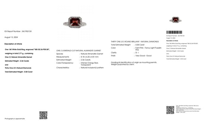 Ingen mindstepris - Forlovelsesring - 14 karat Hvidguld -  2.94ct. tw. Granat - Diamant - IGI 2,36 ct intens rød