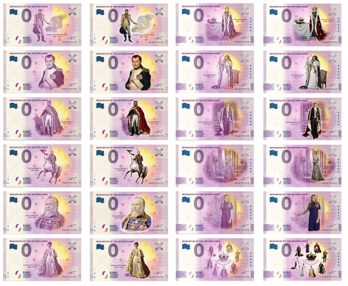 Holland 0 Euro biljetten 2020 Vorsten van Nederland collectie (24 biljetten)  (Ingen mindstepris)