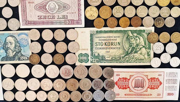 Tidligere østblok, USSR, CSSR, DDR, PL, YU, HU, POL, ROM, BGR. A Large Lot of ± 210x Coins  12x Banknotes 1944-1990  (Ingen mindstepris)