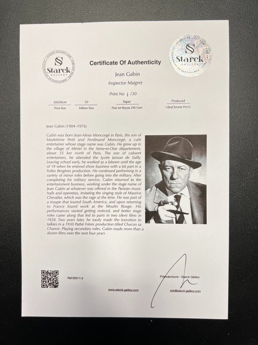 Inspector Maigret - Jean Gabin - Fine Art Photography - Luxury Wooden Framed 70X50 cm - Limited Edition Nr 01 of 30 - Serial ID - Original Certificate (COA), Hologram Logo Editor and QR Code - 100% New items.