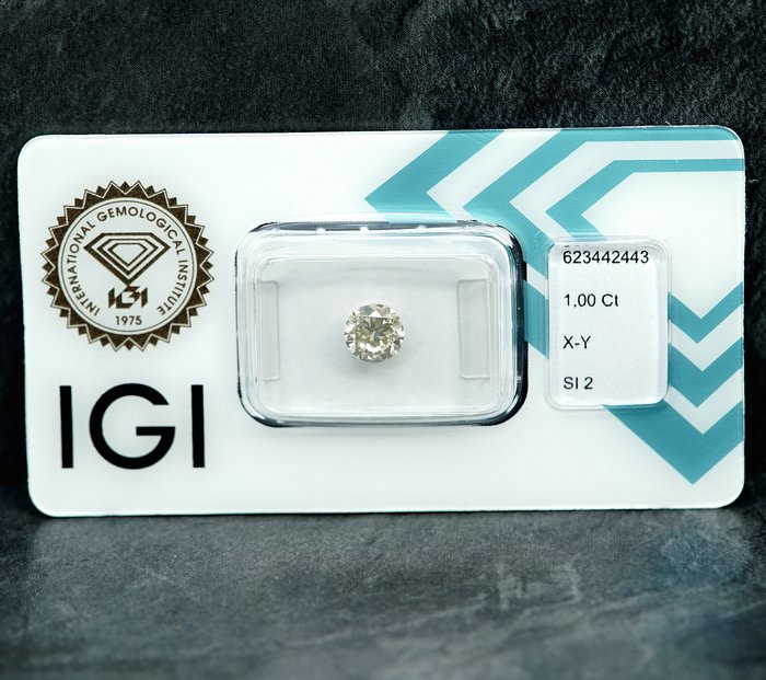 1 pcs Diamant  (Naturfarvet)  - 1.00 ct - Light Brunlig Gul - SI2 - International Gemological Institute (IGI)