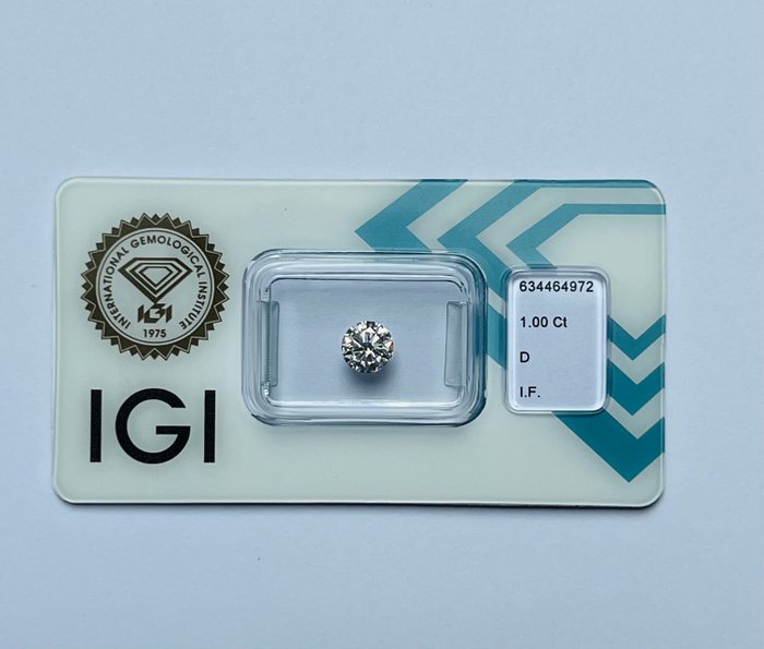 1 pcs Diamant  (Natur)  - 1.00 ct - Rund - D (farveløs) - IF - International Gemological Institute (IGI)