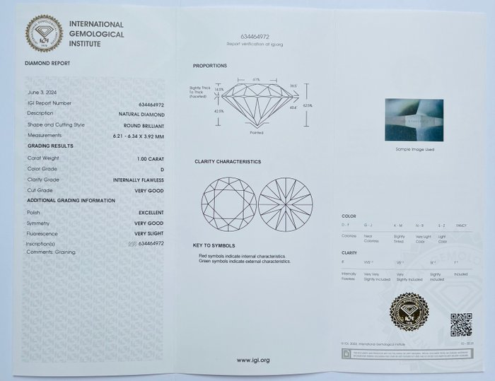 1 pcs Diamant  (Natur)  - 1.00 ct - Rund - D (farveløs) - IF - International Gemological Institute (IGI)