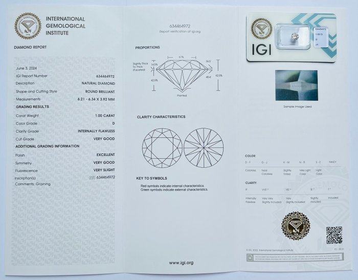 1 pcs Diamant  (Natur)  - 1.00 ct - Rund - D (farveløs) - IF - International Gemological Institute (IGI)