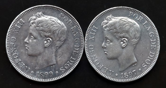 Spanien. 2 moedas - 5 Pesetas - Alfonso XIII 3rd portrait 1897 e 1899 SGV  (Ingen mindstepris)