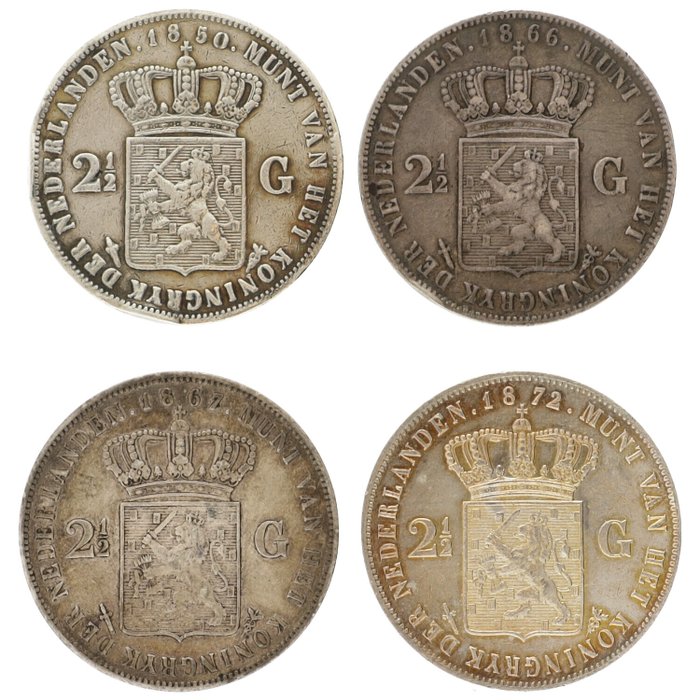 Holland. Willem II. 2 1/2 Gulden 1850/1872 (4 stuks)  (Ingen mindstepris)