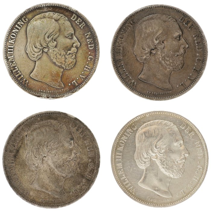 Holland. Willem II. 2 1/2 Gulden 1850/1872 (4 stuks)  (Ingen mindstepris)