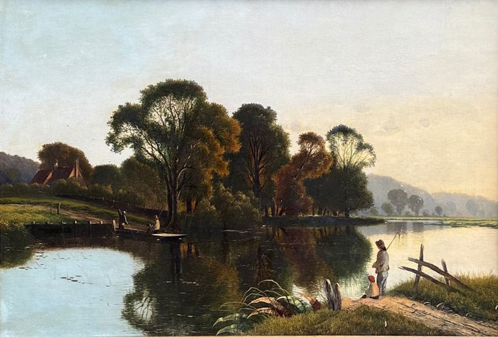 Edwin Henry Boddington (1836-1905), Attributed to - Fishing in a River in Late Evening Sunshine