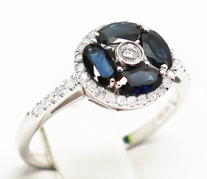 Ring - 14 karat Hvidguld Safir - Diamant