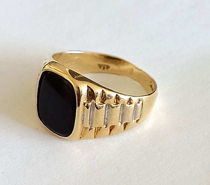 Ring - 14 karat Gulguld, Hvidguld Onyx