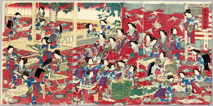 Original triptykon med træbloktryk - Mulberrypapir - Toyohara Yoshu Chikanobu (1838-1912) - 'Yōsan goichiran no zu' 養蚕御一覧之図 (Silk manufacturing At a Glance) - Japan - 1878 (Meiji 11)