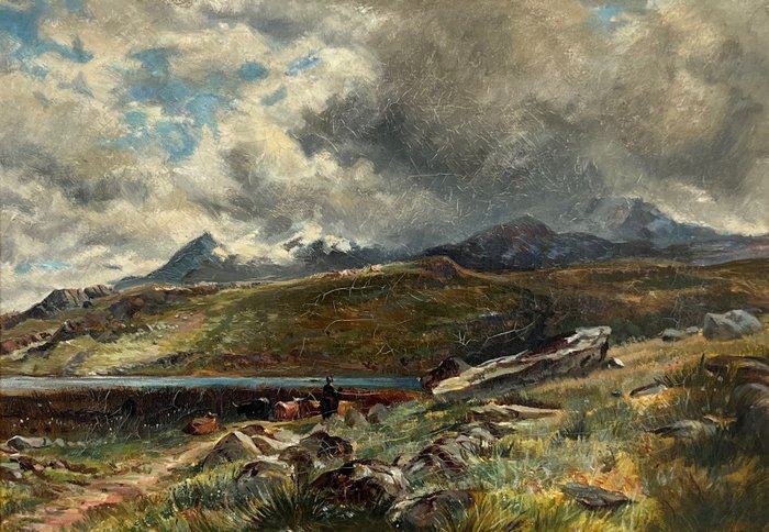 George Melvin Rennie (1874-1953), Attributed to - Figure and cattle in a Highland landscape