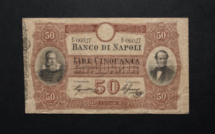 Italien. - 50 Lire 06/09/1881 Galilei - Banco di Napoli - Gigante BN 4A