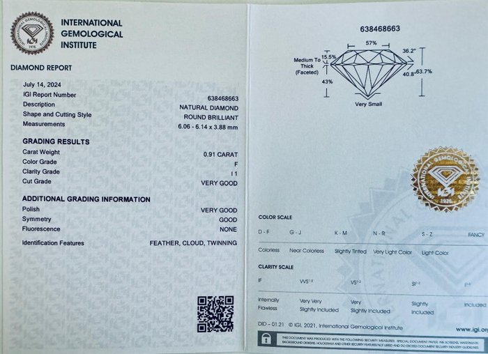 Ingen mindstepris - 1 pcs Diamant  (Natur)  - 0.91 ct - Rund - F - I1 - International Gemological Institute (IGI)