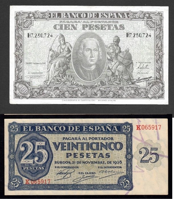 Spanien. - 25 and 100 pesetas 1936-1940 - Pick 99, 118  (Ingen mindstepris)