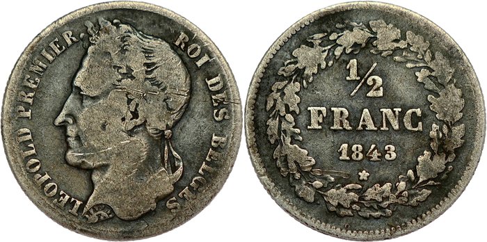 Belgien. Leopold I (1831-1865). 1/2 Franc 1843 - LOW MINTAGE - SCARCE