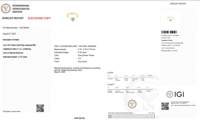 Ingen mindstepris - Ring - 14 karat Gulguld -  0.72ct. tw. Gul Diamant (Naturfarvet) - IGI