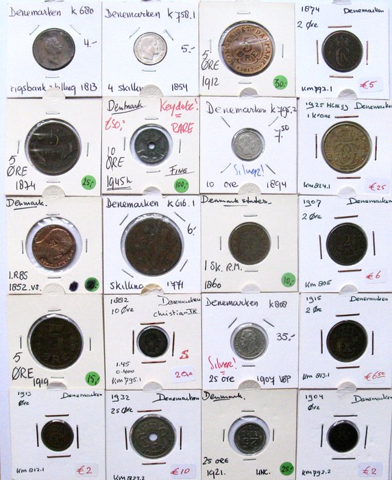 Danmark. Type collection with 20 different old coins 1771-1945 including silver and RARE 10 Ore 1945  (Ingen mindstepris)