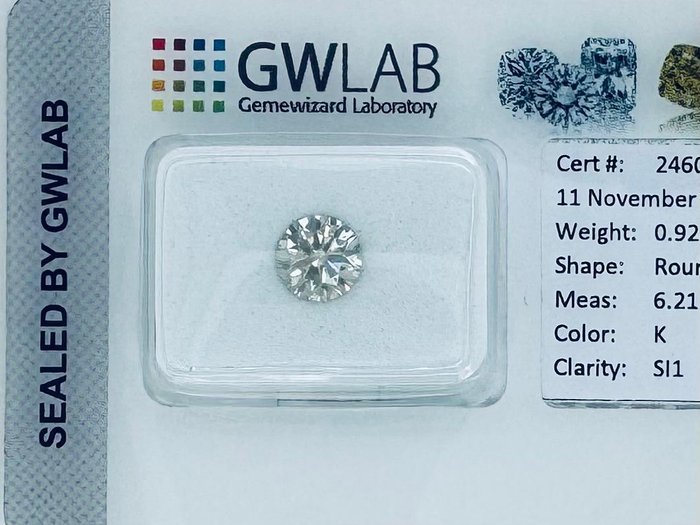 Ingen mindstepris - 1 pcs Diamant  (Natur)  - 0.92 ct - Rund - K - SI1 - Gemewizard Gemological Laboratory (GWLab)