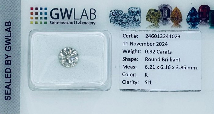 Ingen mindstepris - 1 pcs Diamant  (Natur)  - 0.92 ct - Rund - K - SI1 - Gemewizard Gemological Laboratory (GWLab)