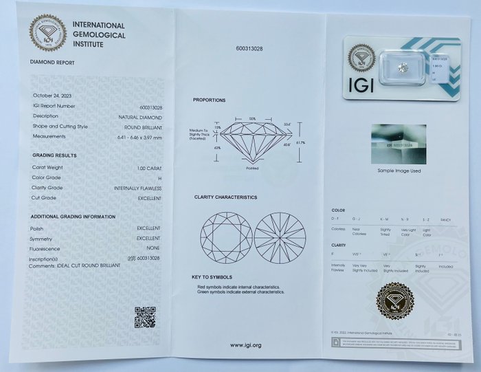 1 pcs Diamant  (Natur)  - 1.00 ct - Rund - H - IF - International Gemological Institute (IGI) - Ex Ex Ex Ingen