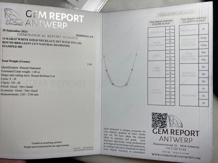 Halskæde - 14 karat Hvidguld -  1.00ct. tw. Diamant (Natur)