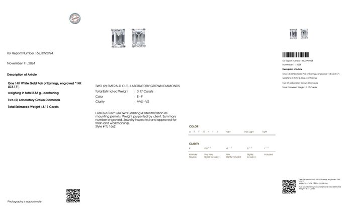 Ingen mindstepris - Øreringe - 14 karat Hvidguld -  3.17ct. tw. Diamant (Laboratoriedyrket) - IGI EF VVS