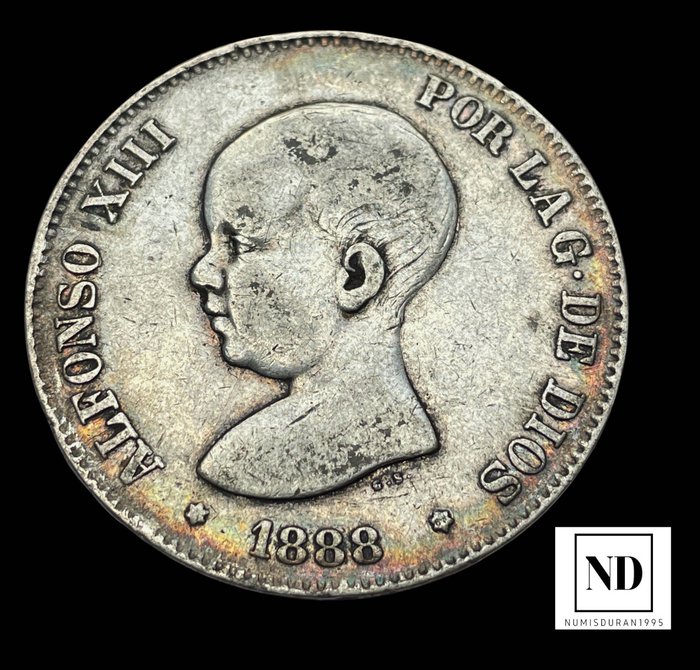 Kongeriget Spanien. Alfonso XIII (1886-1931). 5 Pesetas 1888 - Madrid  (Ingen mindstepris)