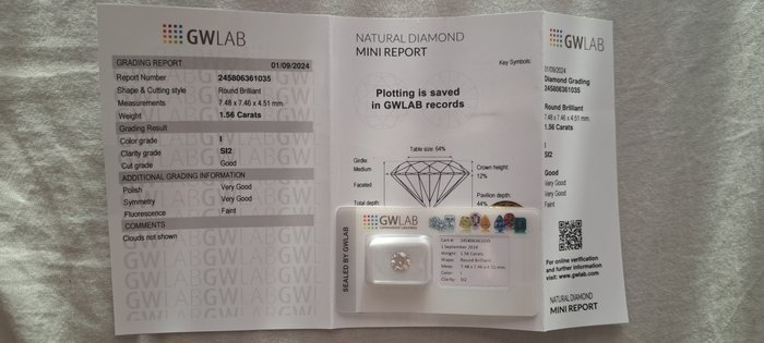 1 pcs Diamant  (Natur)  - 1.56 ct - Rund - I - SI2 - Gemewizard Gemological Laboratory (GWLab)