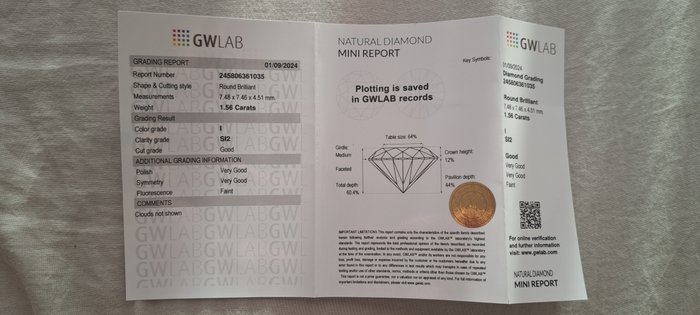 1 pcs Diamant  (Natur)  - 1.56 ct - Rund - I - SI2 - Gemewizard Gemological Laboratory (GWLab)