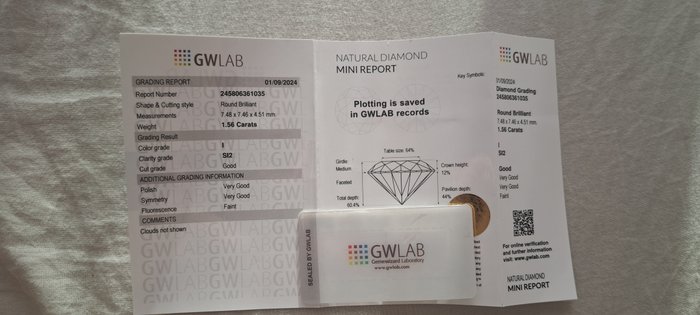 1 pcs Diamant  (Natur)  - 1.56 ct - Rund - I - SI2 - Gemewizard Gemological Laboratory (GWLab)