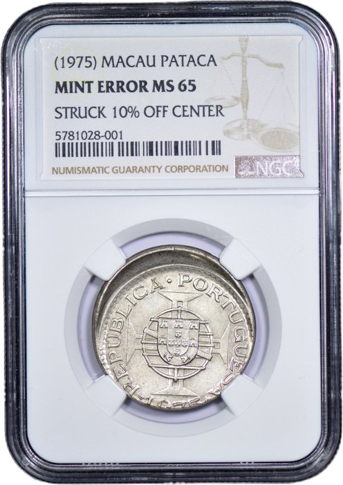 Portugisiske Macao. Republic. 1 Pataca 1975 - NGC - MINT ERROR MS 65 - Erro de Cunhagem - Rara