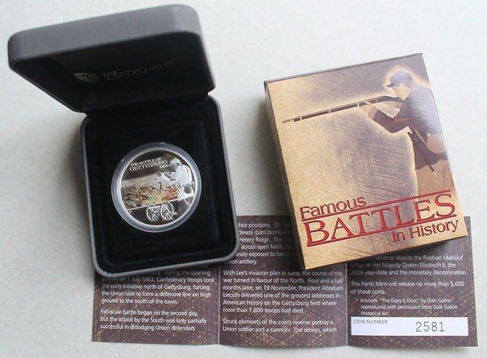 Tuvalu 1 Dollar 2009 'Famous Battles in History - The Battle of Gettysburg' 1 Oz (999) Proof  (Ingen mindstepris)