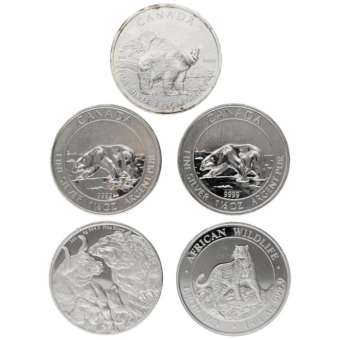 Verden. 5 Dollars / 8 Dollars / 100 Shillings 2011/2022 "Wildlife" 4x1 Oz (.999) + 2x1/2 Oz (.999)