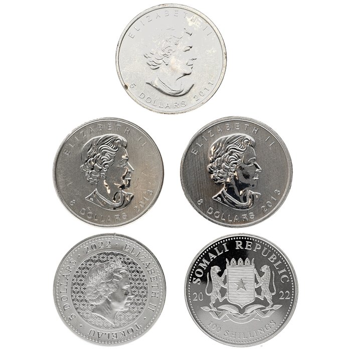 Verden. 5 Dollars / 8 Dollars / 100 Shillings 2011/2022 "Wildlife" 4x1 Oz (.999) + 2x1/2 Oz (.999)